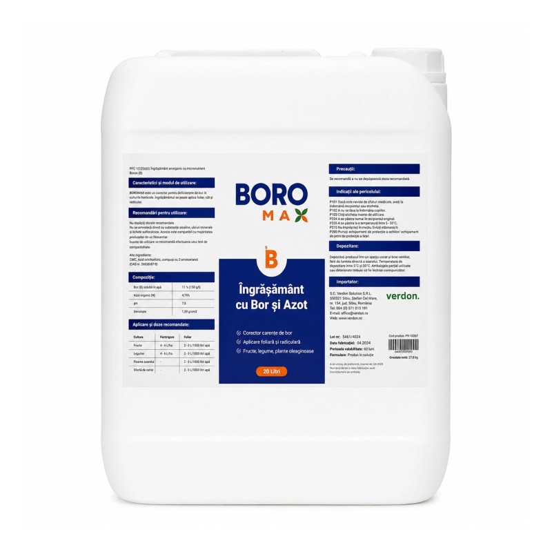 Ingrasamant foliar cu bor si azot BOROMAX 20 Litri pentru floarea-soarelui, legume si fructe