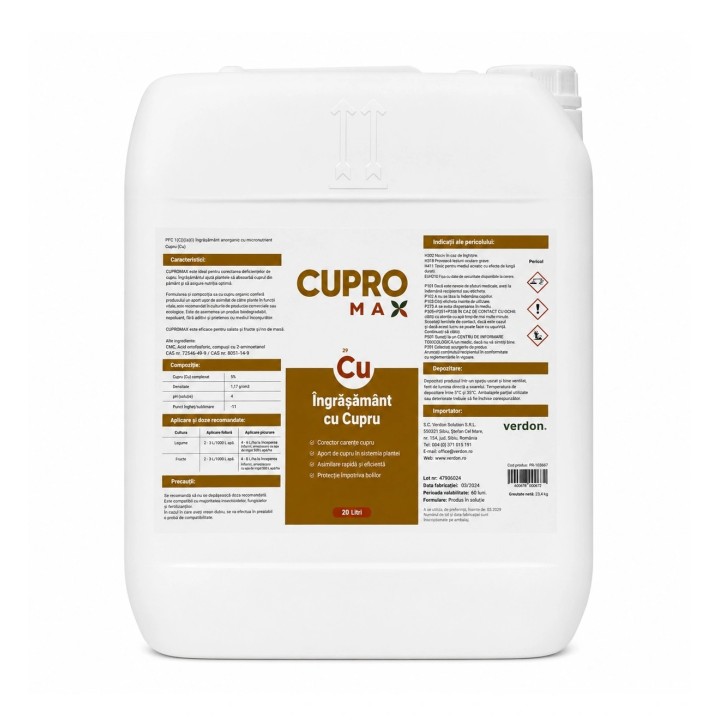 Ingrasamant foliar cu cupru sistemic CUPROMAX - 20 Litri, Cereale, Legume, Fructe