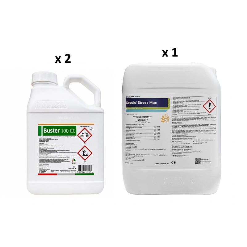 Pachet SMART-MIX 443 - Erbicid BUSTER 100 EC® - 5 Litri (x 2 buc) + Biostimulator SOSDIA STRESS MAX® - 10 Litri