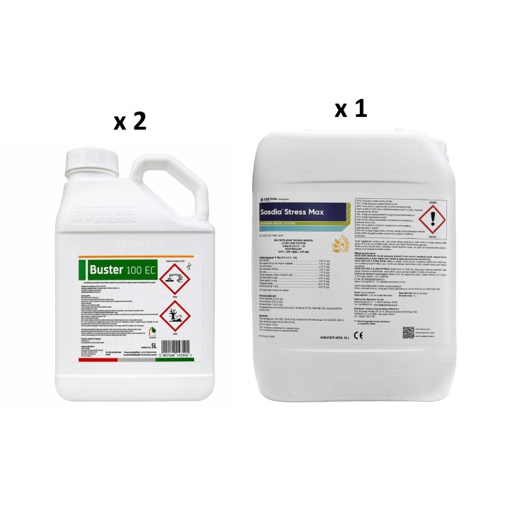 Pachet SMART-MIX 443 - Erbicid BUSTER 100 EC® - 5 Litri (x 2 buc) + Biostimulator SOSDIA STRESS MAX® - 10 Litri