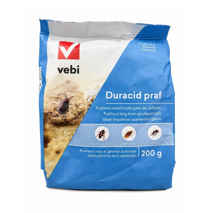 DURACID Praf 200 g Vebi – insecticid eficient contra Paduchi de gaina, Purici, Plosnite, Gandaci