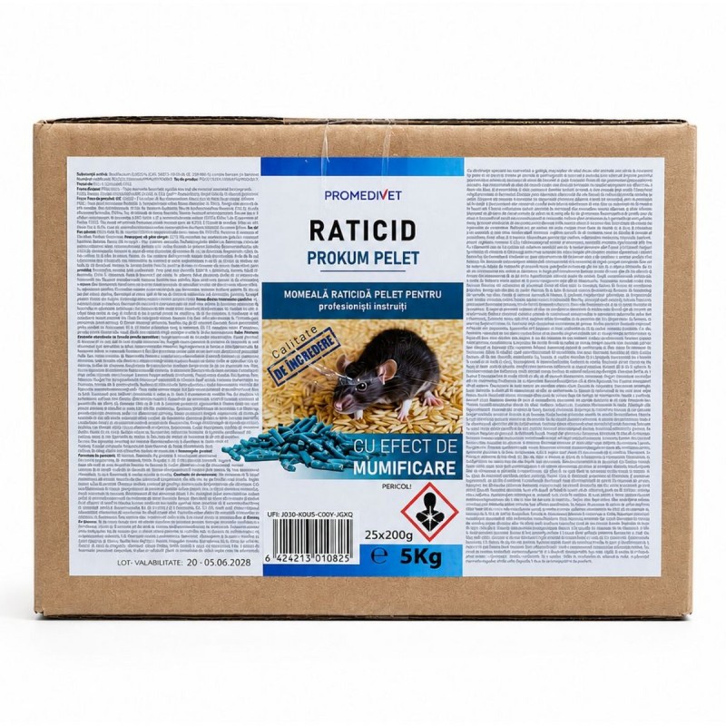 Raticid PROKUM PELET cutie 5 kg, Promedivet, momeală cu Brodifacoum 0,0025%, pentru șobolani și șoareci