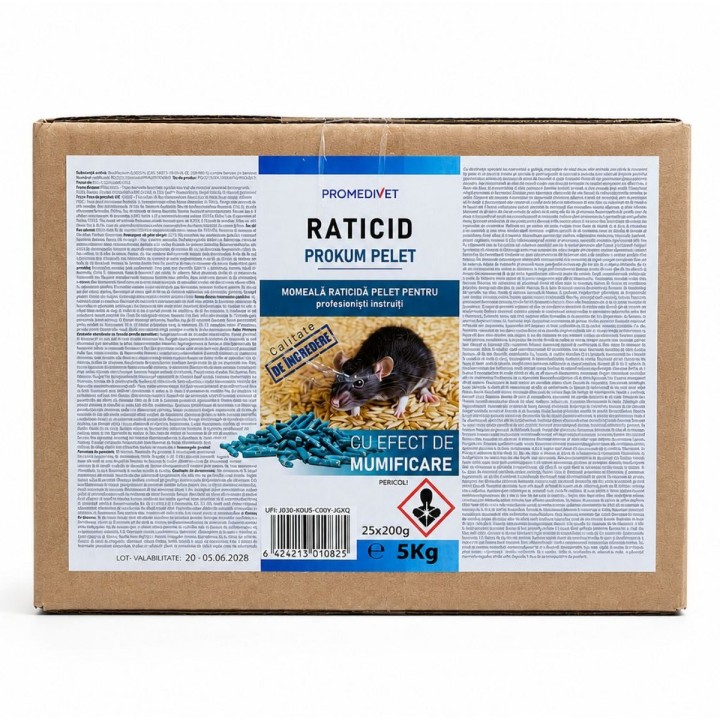Raticid PROKUM PELET cutie 5 kg, Promedivet, momeală cu Brodifacoum 0,0025%, pentru șobolani și șoareci