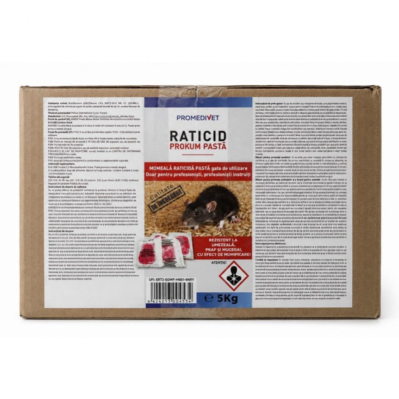 Raticid PROKUM PASTA cutie 5 kg, Promedivet, momeală cu Brodifacoum 0,0025%, pentru șoareci și șobolani