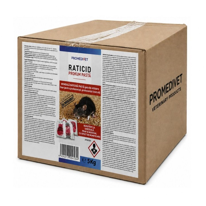 Raticid PROKUM PASTA cutie 5 kg, Promedivet, momeală cu Brodifacoum 0,0025%, pentru șoareci și șobolani