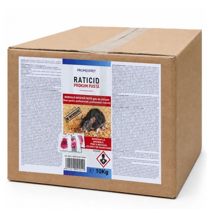Raticid PROKUM PASTA  cutie 10 kg, Promedivet, momeală cu Brodifacoum 0,0025% pentru șoareci și șobolani