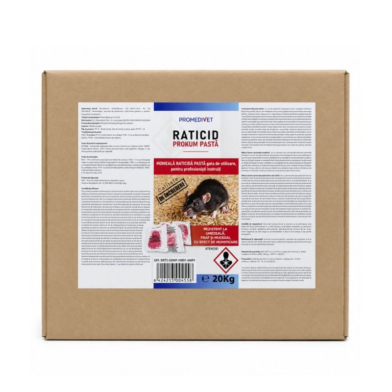 Raticid PROKUM PASTA cutie 20 kg, Promedivet, momeală cu Brodifacoum 0,0025% pentru șoareci și șobolani