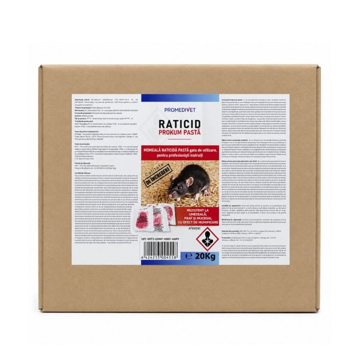 Raticid PROKUM PASTA cutie 20 kg, Promedivet, momeală cu Brodifacoum 0,0025% pentru șoareci și șobolani