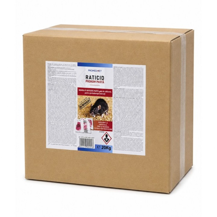 Raticid PROKUM PASTA cutie 20 kg, Promedivet, momeală cu Brodifacoum 0,0025% pentru șoareci și șobolani