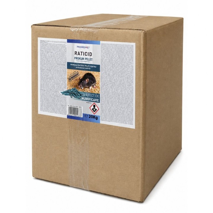 Raticid PROKUM PELET cutie 20 kg, Promedivet, momeală cu Brodifacoum 0,0025%, pentru șobolani și șoareci