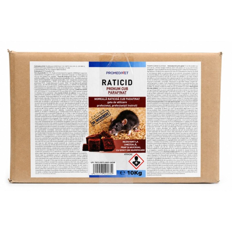 Raticid PROKUM Cub Parafinat Cutie 10 kg, Promedivet, cu Brodifacoum 0,0025%, pentru Șobolani și Șoareci