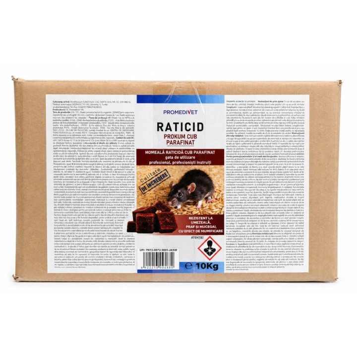 Raticid PROKUM Cub Parafinat Cutie 10 kg, Promedivet, cu Brodifacoum 0,0025%, pentru Șobolani și Șoareci