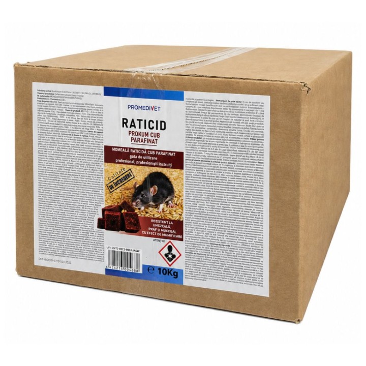 Raticid PROKUM Cub Parafinat Cutie 10 kg, Promedivet, cu Brodifacoum 0,0025%, pentru Șobolani și Șoareci