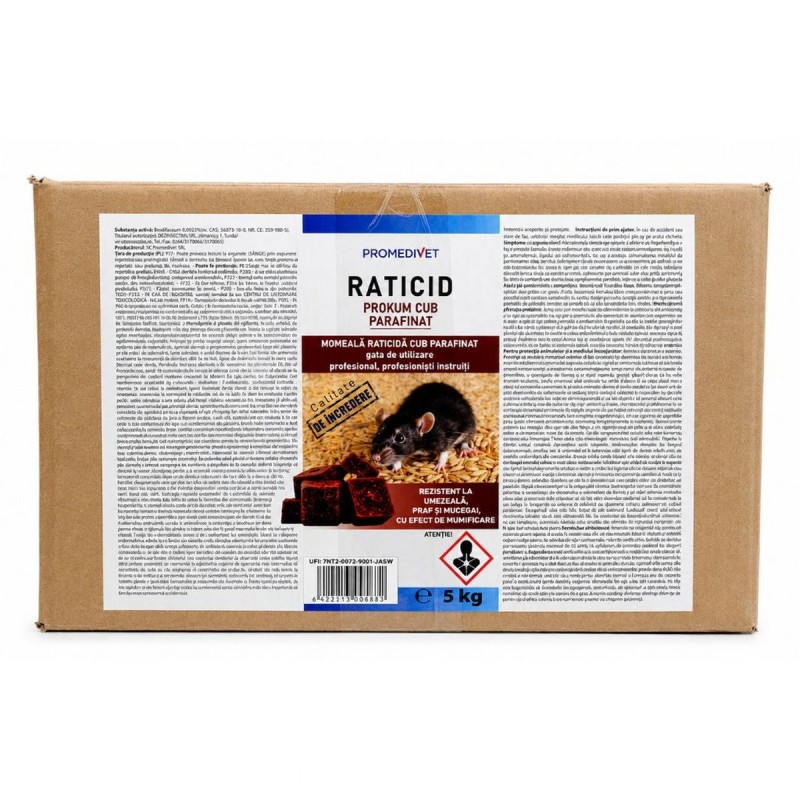 Raticid PROKUM Cub Parafinat Cutie 5 kg, Promedivet, cu Brodifacoum 0,0025%, pentru Șobolani și Șoareci