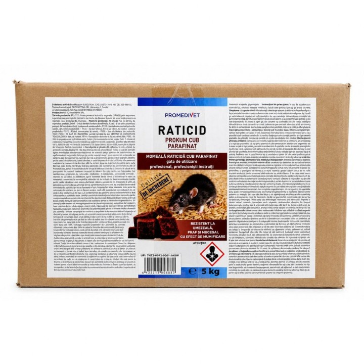Raticid PROKUM Cub Parafinat Cutie 5 kg, Promedivet, cu Brodifacoum 0,0025%, pentru Șobolani și Șoareci