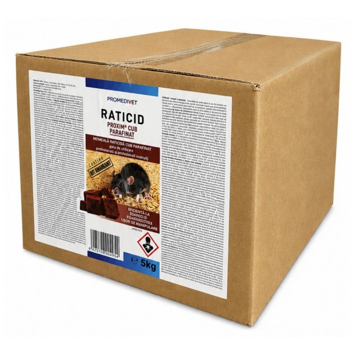 Raticid PROKUM Cub Parafinat Cutie 5 kg, Promedivet, cu Brodifacoum 0,0025%, pentru Șobolani și Șoareci