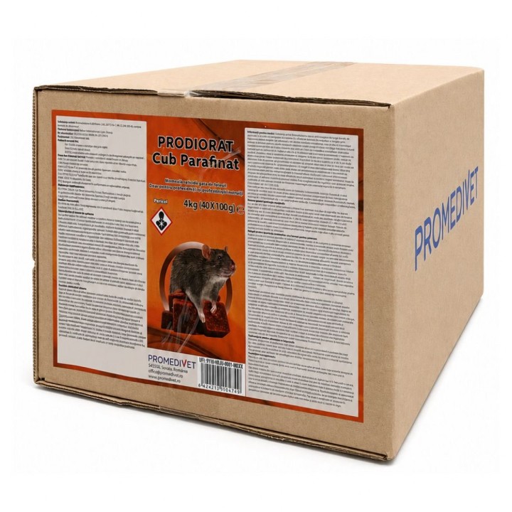 Raticid PRODIORAT Cub Parafinat 4kg, Promedivet, Bromadiolone 0,005%, pentru Șoareci și Șobolani