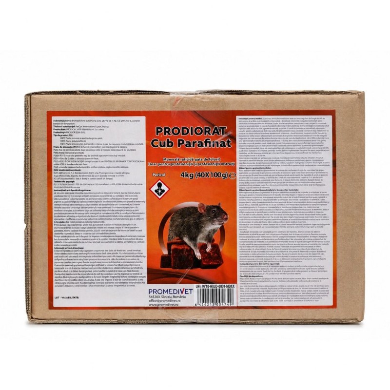 Raticid PRODIORAT Cub Parafinat 4kg, Promedivet, Bromadiolone 0,005%, pentru Șoareci și Șobolani