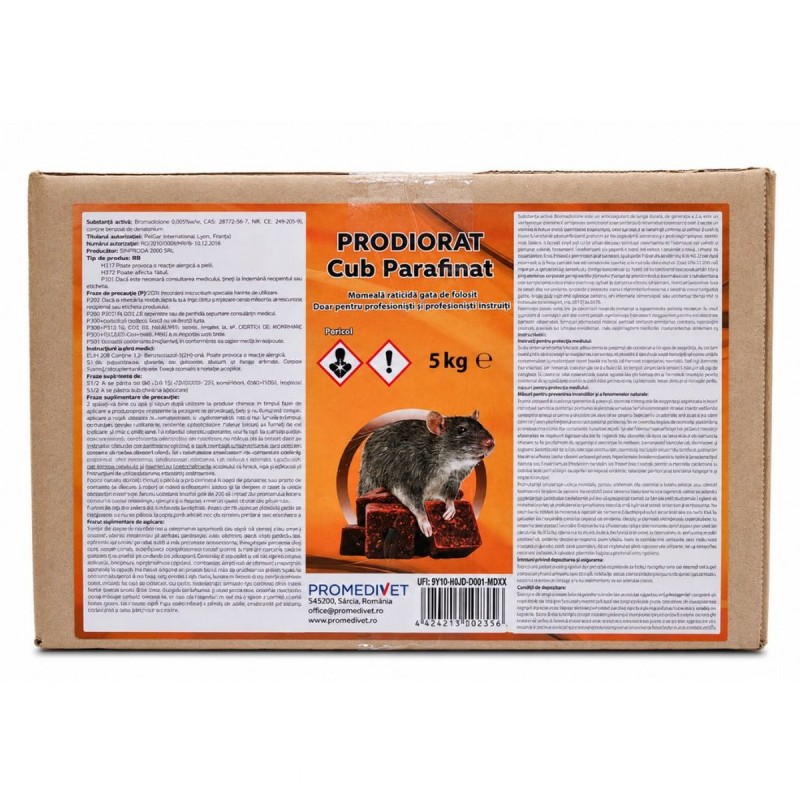 Raticid PRODIORAT Cub Parafinat Cutie 5 kg, Promedivet, Bromadiolone 0,005%, pentru Șoareci și Șobolani