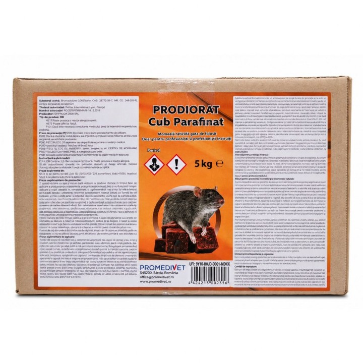 Raticid PRODIORAT Cub Parafinat Cutie 5 kg, Promedivet, Bromadiolone 0,005%, pentru Șoareci și Șobolani