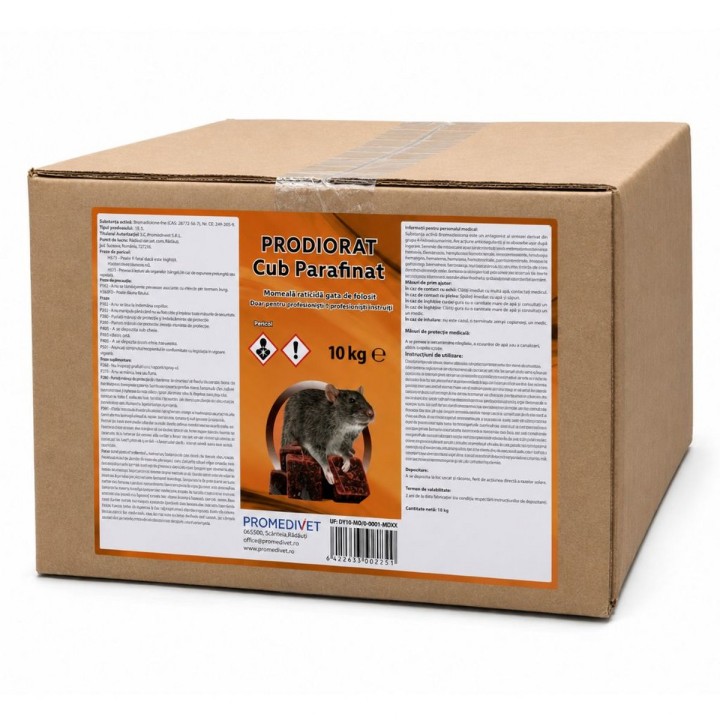Raticid PRODIORAT Cub Parafinat Cutie 10 kg, Promedivet, Bromadiolone 0,005%, pentru Șoareci și Șobolani