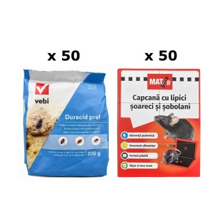 Pachet SMART-MIX 463 - DURACID Praf, Vebi 200 g (x 50) + Capcane tip Carte MAT Șoareci și Șobolani (x 50)