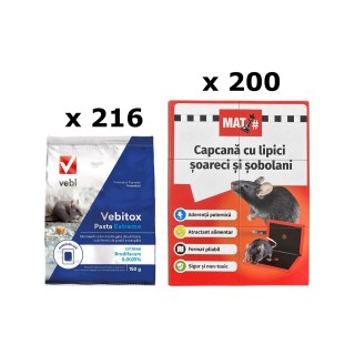 Pachet SMART-MIX 467 - Raticid VEBITOX Pasta Extreme 150 g (x 216) + Capcane tip Carte MAT Șoareci și Șobolani (x 200)
