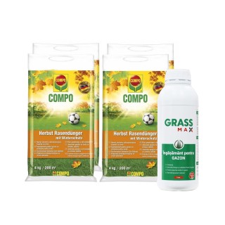 Pachet SMART-MIX 470 - Îngrășământ Gazon COMPO® Toamnă 4 kg (x 4 buc) + GRASSMAX® 1 Litru