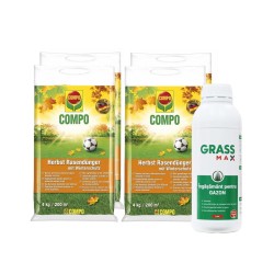 Pachet SMART-MIX 470 - Îngrășământ granulat Gazon COMPO® Toamnă 4 kg (x 4 buc) + Îngrășământ Gazon Foliar GRASSMAX® 1 Litru