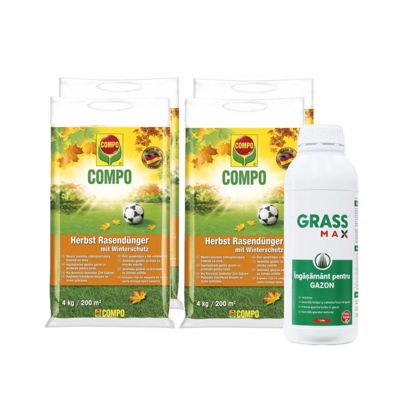 Pachet SMART-MIX 470 - Îngrășământ Gazon COMPO® Toamnă 4 kg (x 4 buc) + GRASSMAX® 1 Litru