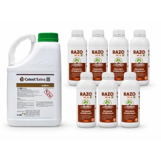 Pachet SMART-MIX 476 - Fungicid CELEST EXTRA 5 L + Biostimulator de inradacinare RAZOMAX - 1 Litru (x 7 buc) - Tratament 2.5 T