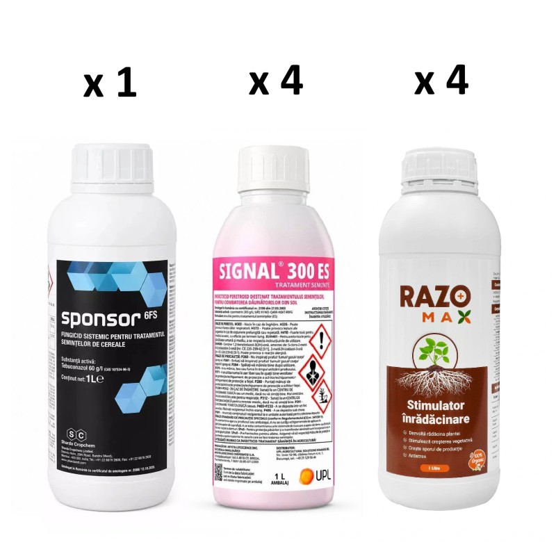 Pachet SMART-MIX 483 - SPONSOR 6 FS - 1L + SIGNAL 300 ES - 1L (x 4 buc) + Stimulator seminte RAZOMAX - 1L (x 4 buc), 2 Tone