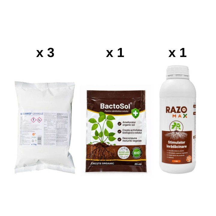 Pachet SMART-MIX 486 - Nematocid BASAMID Granule - 3 kg + Ameliorator sol BACTOSOL - 35 ml + Biostimulator RAZOMAX PLUS - 1 L