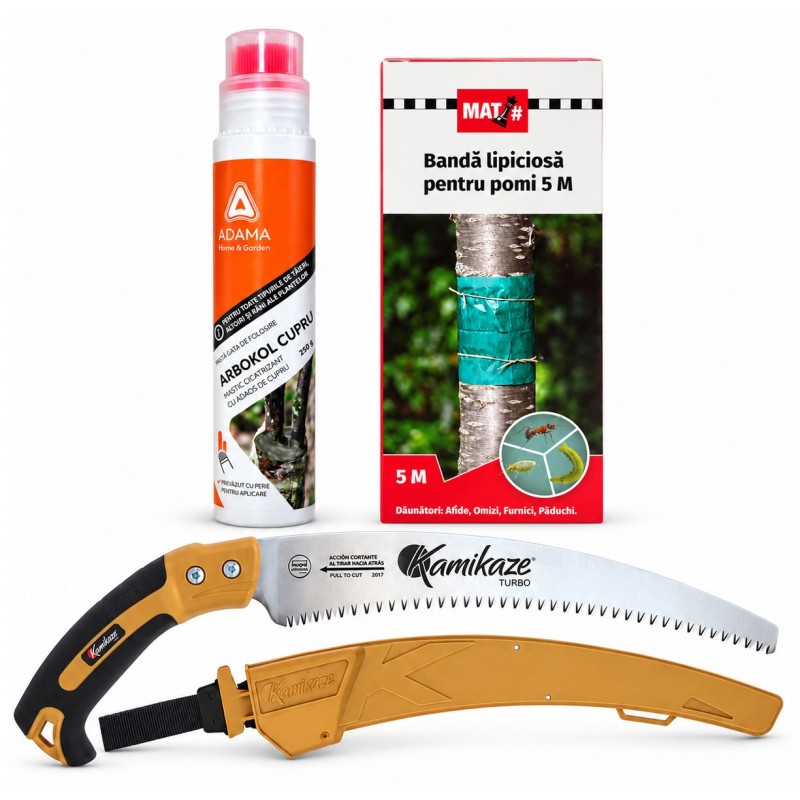 Pachet SMART-MIX 490 - Fierăstrău manual KAMIKAZE S 330 H MAX + Mastic ARBOKOL CUPRU, Adama - 250 g + Bandă lipicioasă pomi MAT