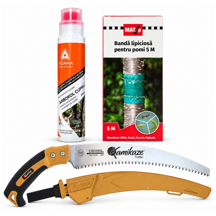 Pachet SMART-MIX 490 - Fierăstrău manual KAMIKAZE S 330 H MAX + Mastic ARBOKOL CUPRU, Adama - 250 g + Bandă lipicioasă pomi MAT